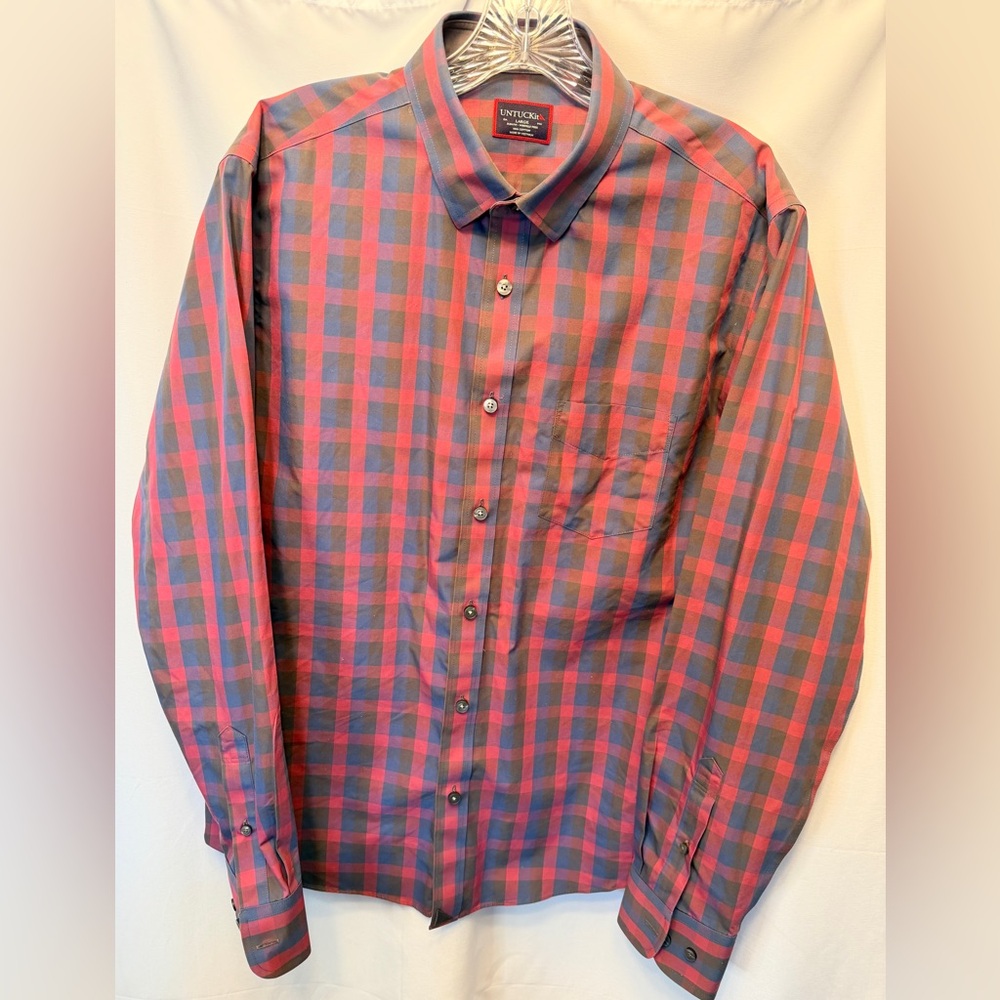 UNTUCKit Men’s L Slim Fit Plaid Long Sleeve Wrinkle Free Altamura WF Red Blue‎